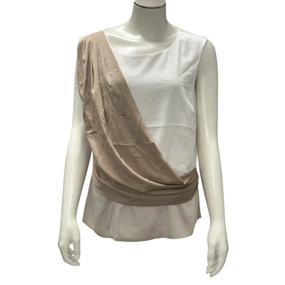Ann Taylor Size 8 White Beige Draped Asymmetric Blouse Side Zip Chic Modern Fit - Picture 2 of 12